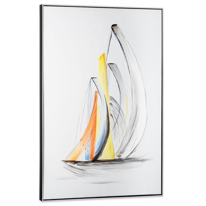 Side angle of hand-painted sailboat art showcasing textured brushwork and vivid colors.