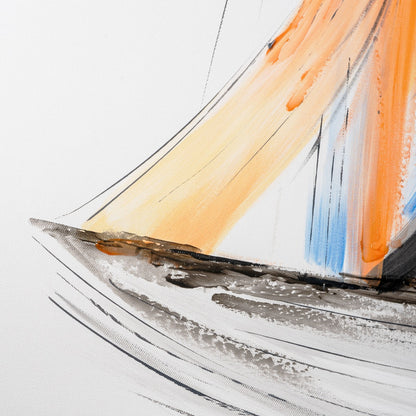 Artistic detail of sailboat base with textured orange and blue brush strokes.