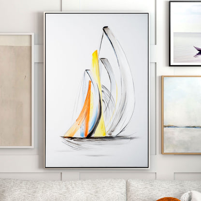 Hand-painted abstract sailboat artwork framed in black and silver, mounted on a wall with complementary decor.