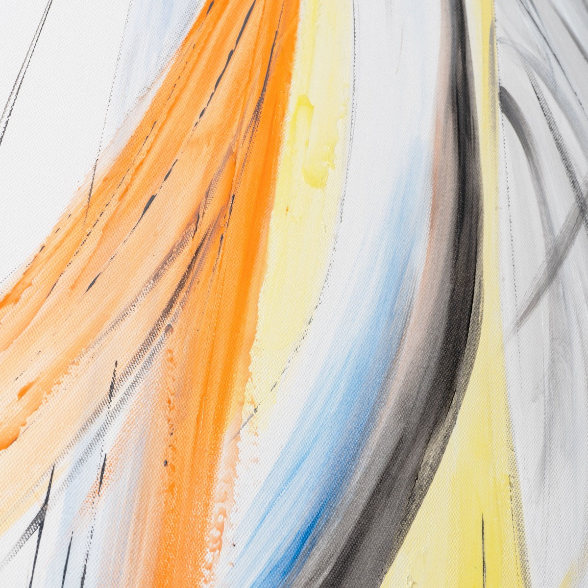 Close-up of yellow and orange strokes in sailboat artwork on canvas.