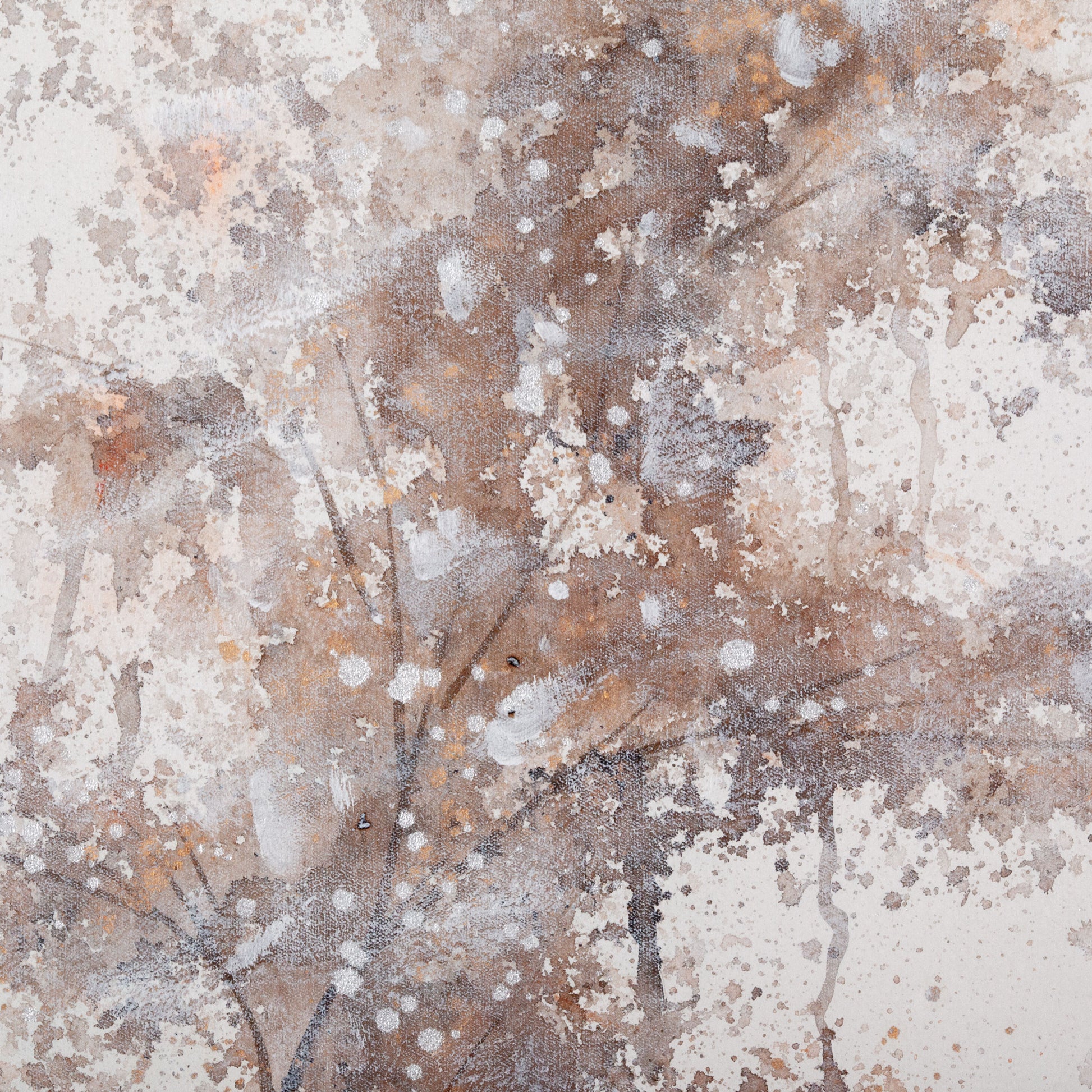 Close-up of the tree painting’s soft brown and white brushstrokes with watercolor effects.