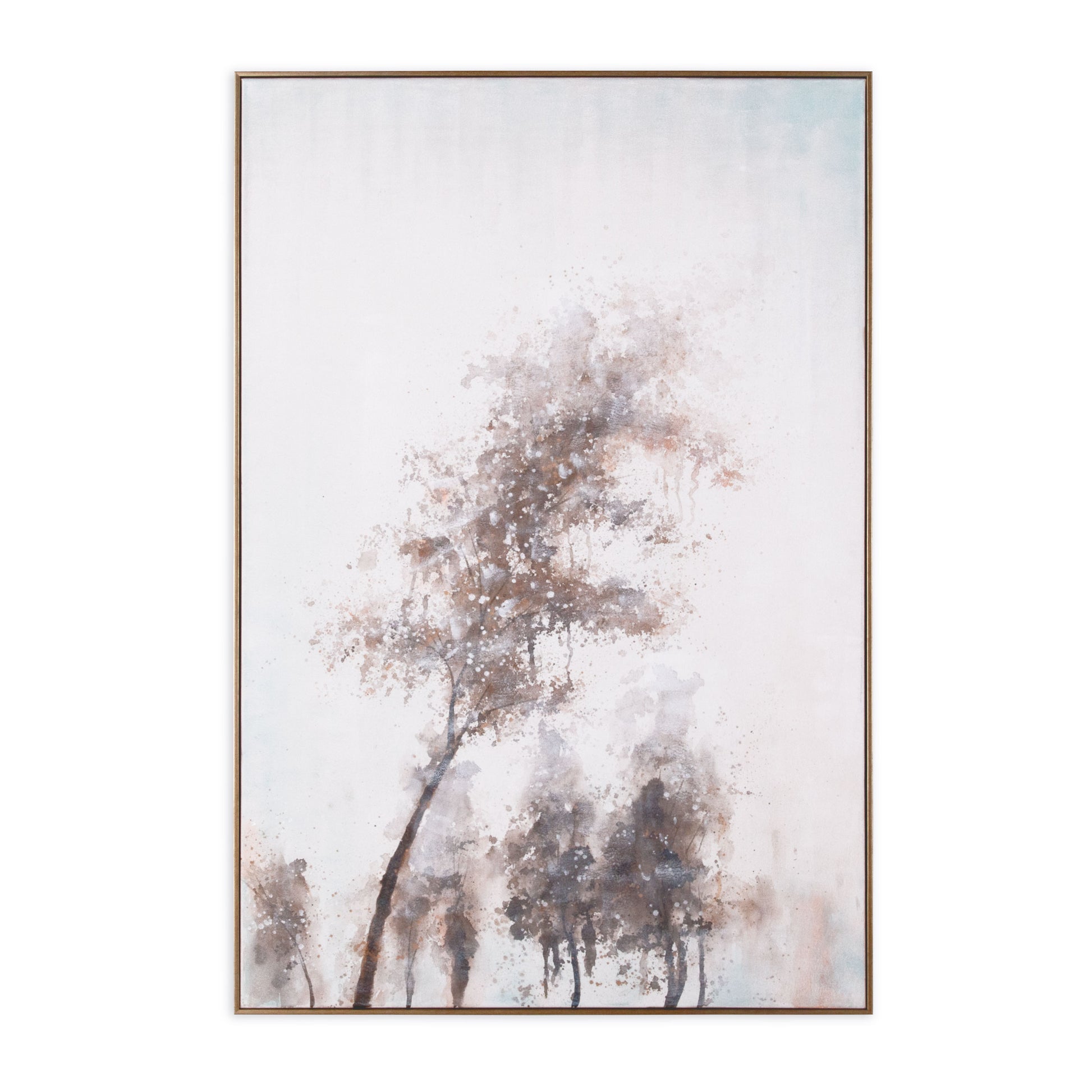 Hand-painted tree canvas with soft brown hues and subtle blue accents framed in gold.