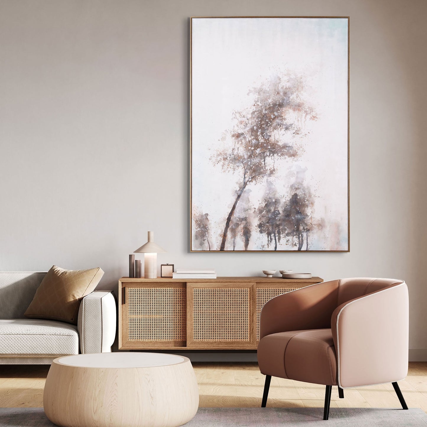 Large tree painting displayed above a natural wood sideboard in a modern living room.