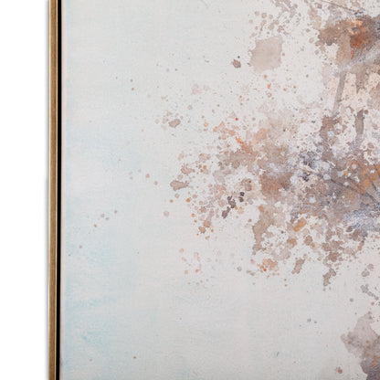 Close-up of watercolor tree painting with soft brown and beige splatters framed in gold.