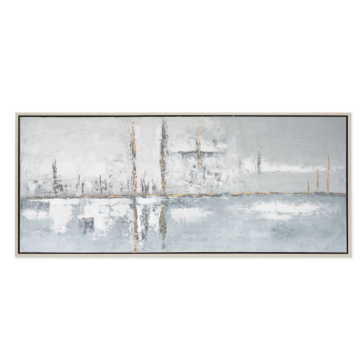 Hand-painted abstract canvas with soft grey tones and gold leaf in a silver frame.