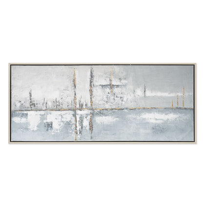 Hand-painted abstract canvas with soft grey tones and gold leaf in a silver frame.