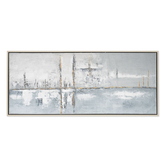 Hand-painted abstract canvas with soft grey tones and gold leaf in a silver frame.