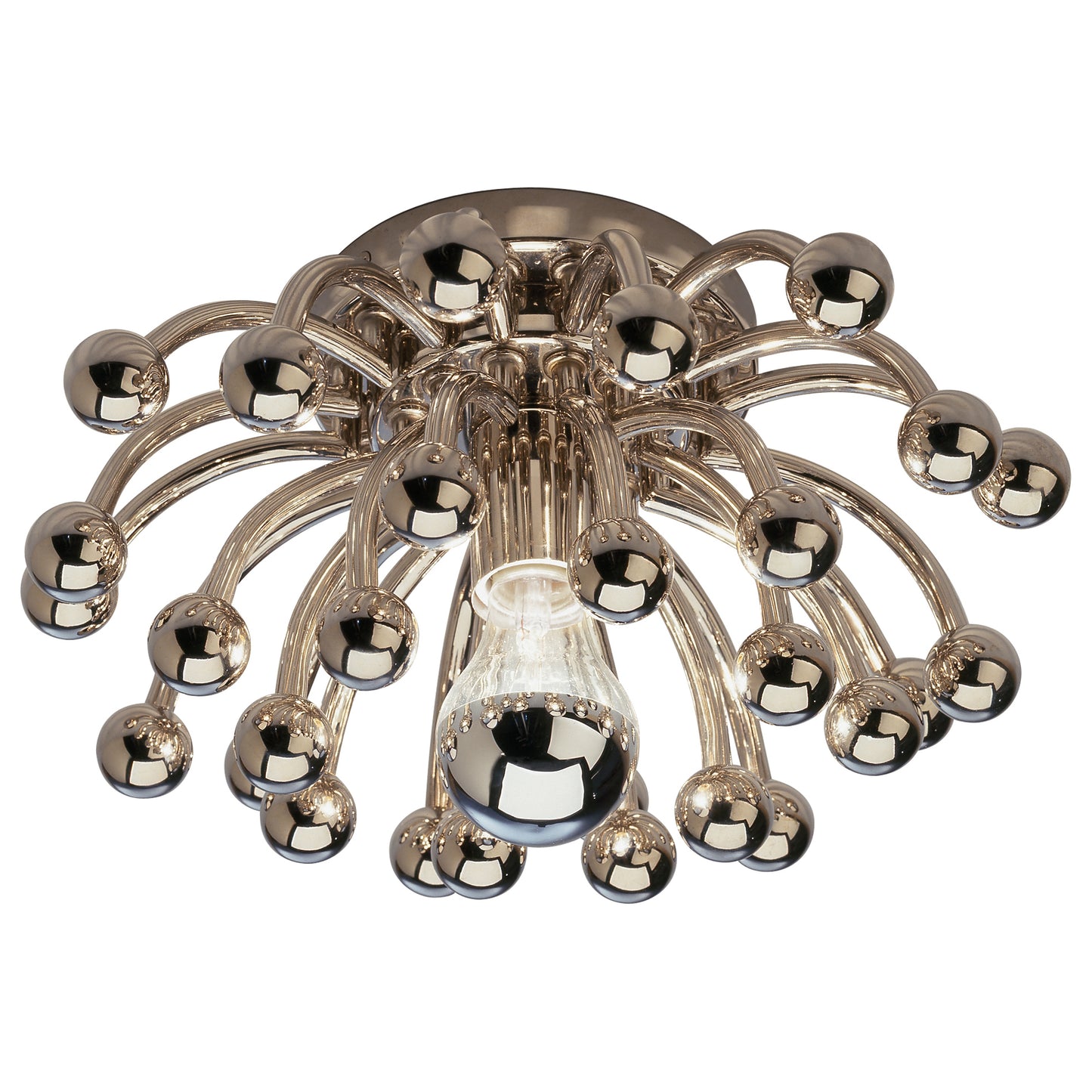 Close-up of small Anemone Flushmount, highlighting curved arms, polished nickel finish, and single silver-tipped bulb.