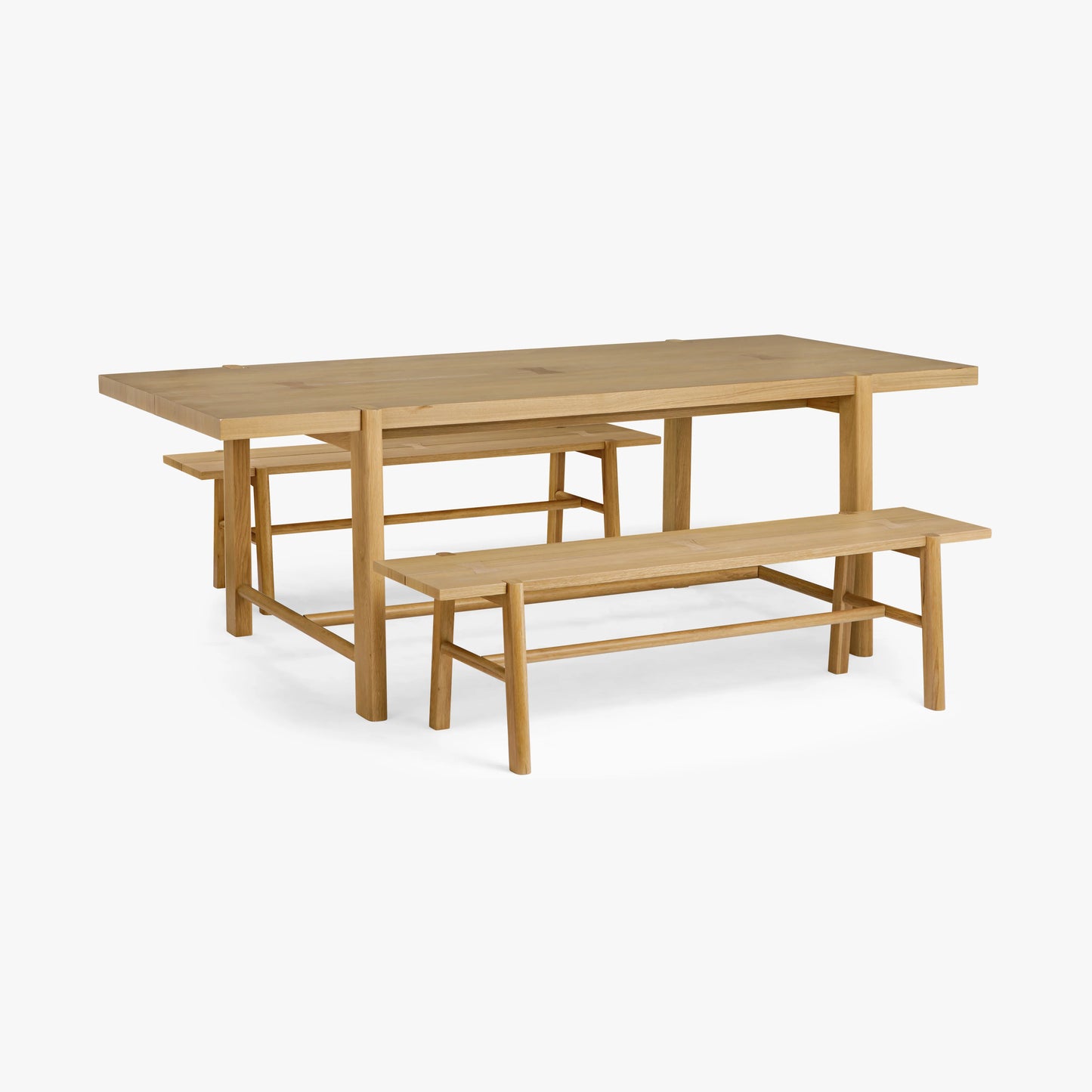 Soren Oak Dining Table styled with matching benches, featuring a modern farmhouse dining setup.