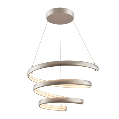 Oval spring pendant light in titanium silver glowing spiral view.