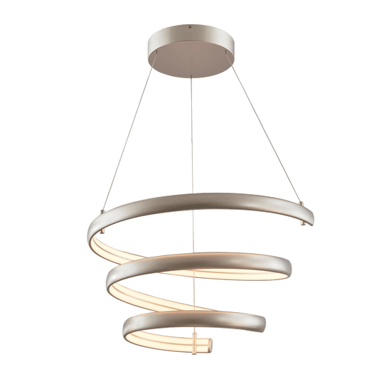 Oval spring pendant light in titanium silver glowing spiral view.