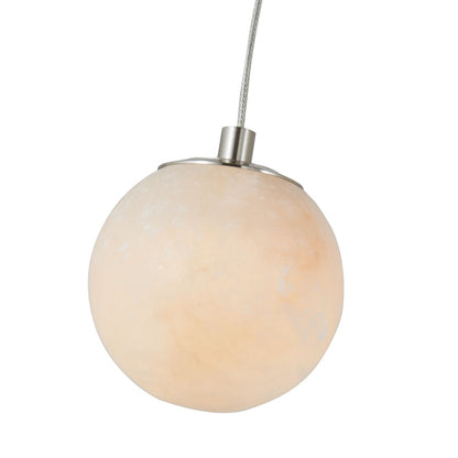 Close-up of stone pendant light in brushed nickel finish showcasing alabaster orb diffuser.