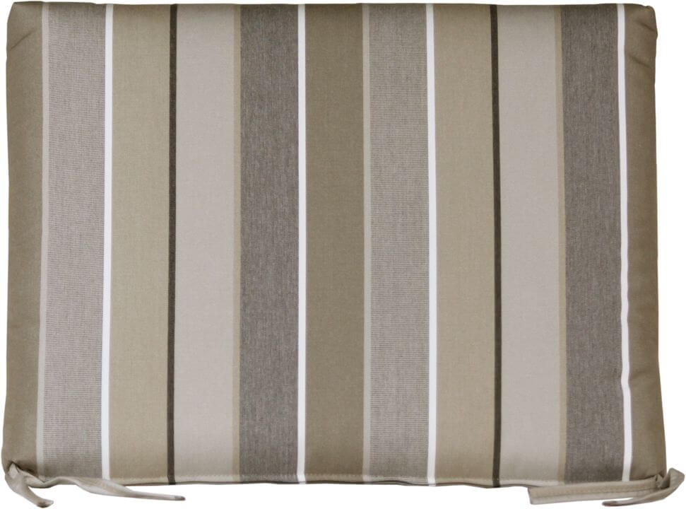 Striped outdoor seat cushion in Milano Charcoal with varied shades of grey and white.