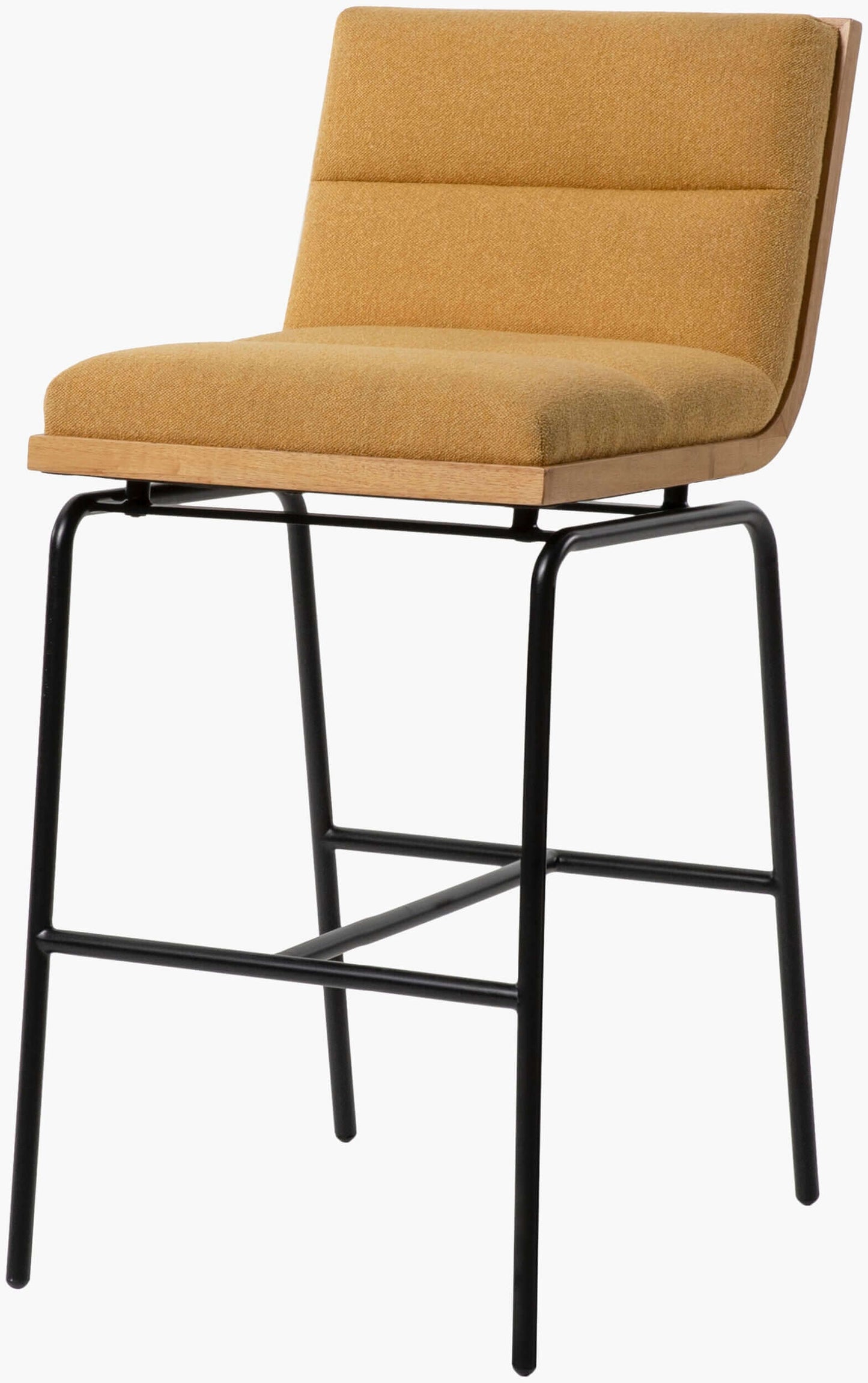 Angled view of the Thomas Bar Stool, highlighting the rustic industrial design and vibrant upholstery.