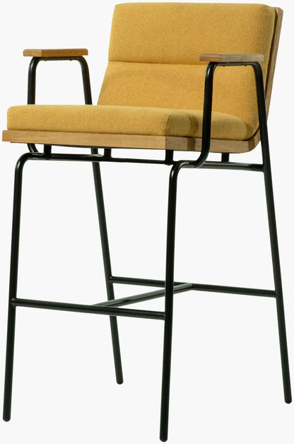 Full view of the Thomas Bar Stool by Surya, showcasing the yellow polyester seat, iron base, and overall industrial aesthetic.