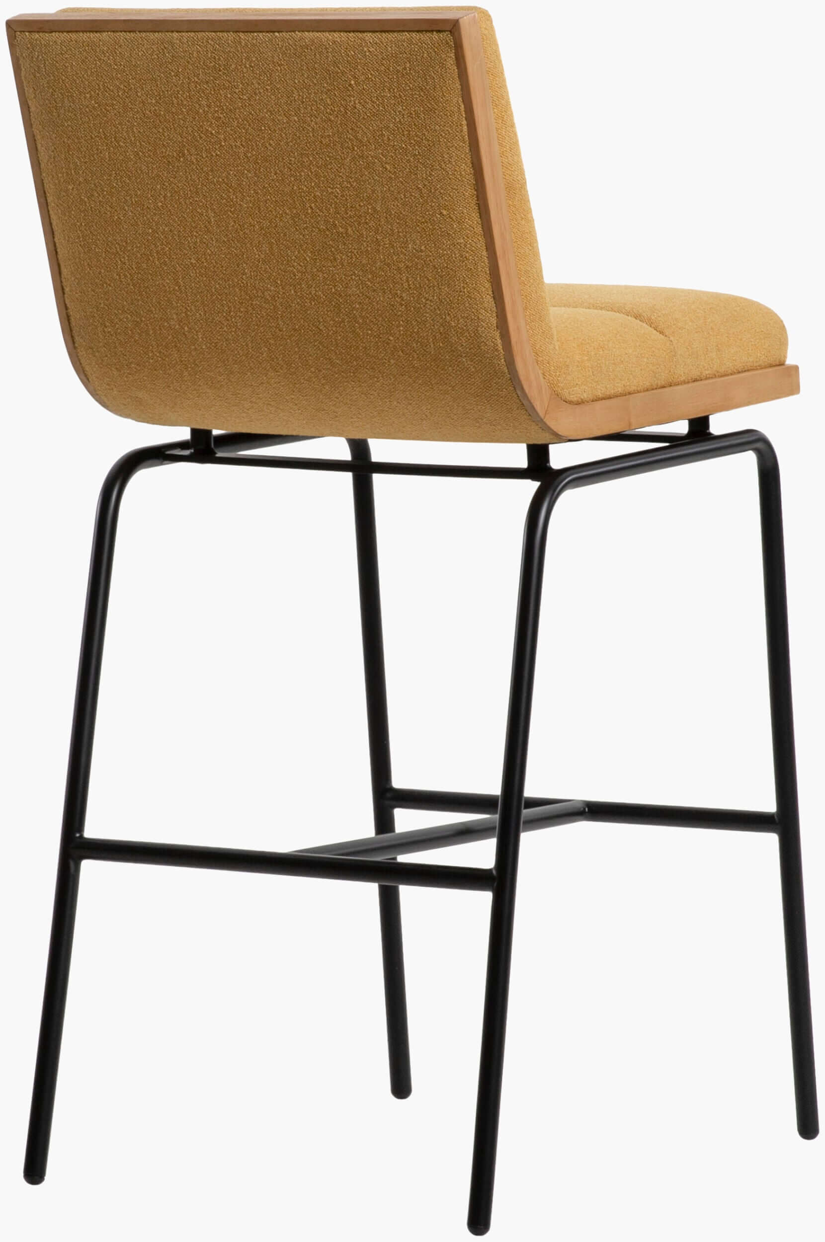 Back view of the Thomas Bar Stool by Surya, highlighting the yellow upholstered backrest and sturdy black metal legs.