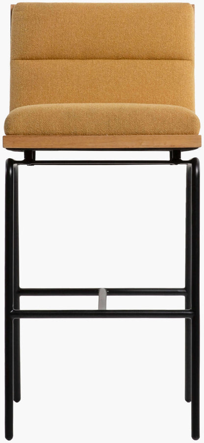 Front view of the Thomas Bar Stool, emphasizing the plush seat and clean, modern lines.