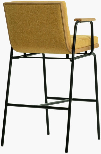 Angled view of the Thomas Bar Stool by Surya, highlighting the armrests, yellow seat, and industrial design.