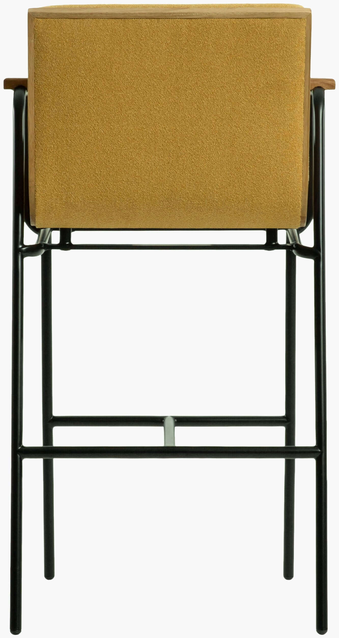 Back view of the Thomas Bar Stool by Surya, showcasing the yellow polyester upholstery and sturdy black iron base.