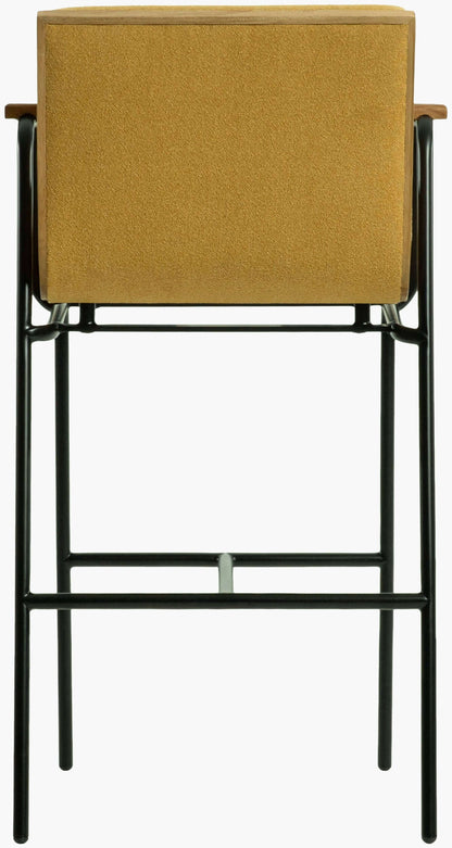 Back view of the Thomas Bar Stool by Surya, showcasing the yellow polyester upholstery and sturdy black iron base.