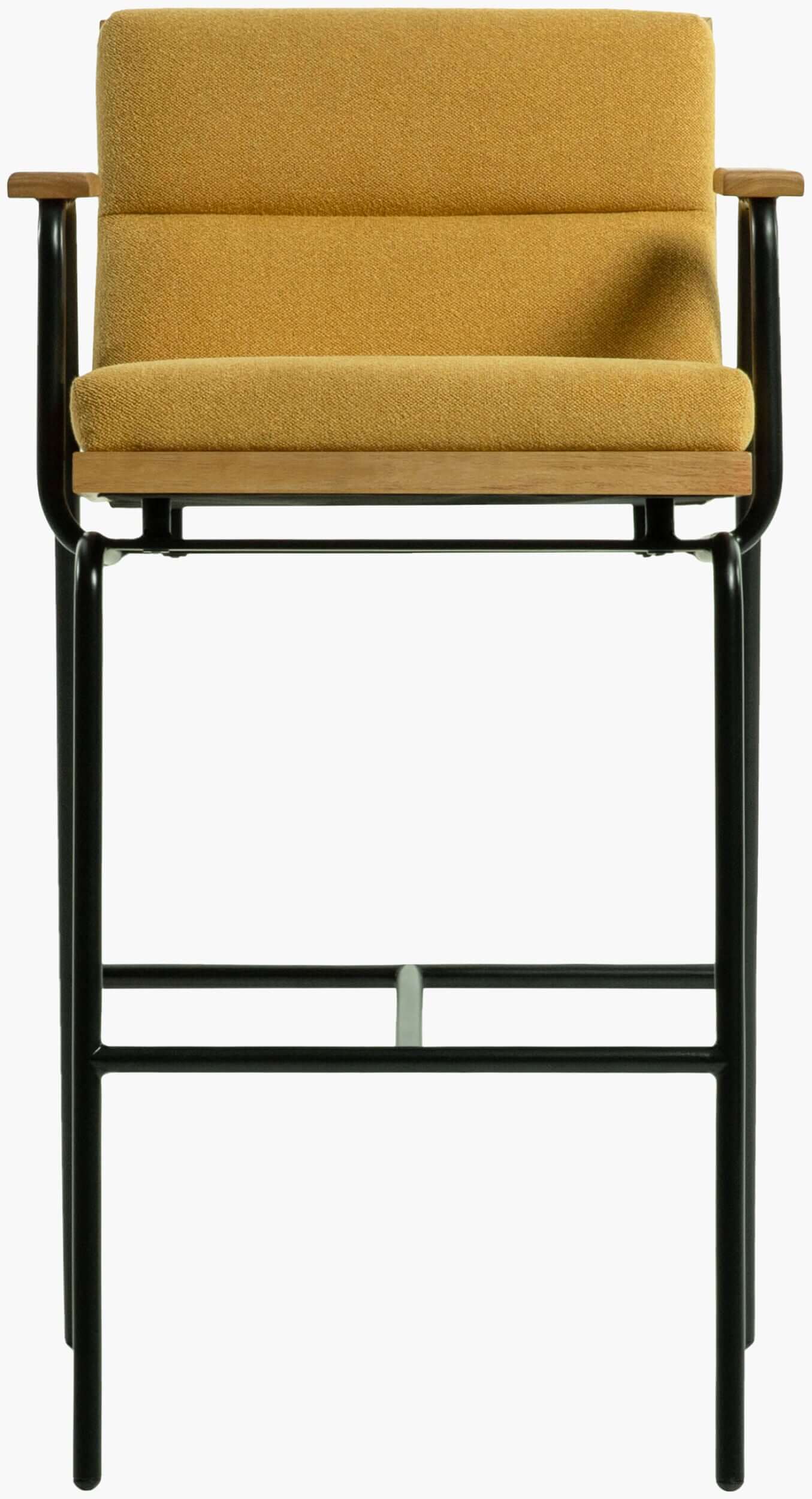 Front view of the Thomas Bar Stool by Surya, featuring the bright yellow upholstered seat and black iron legs.