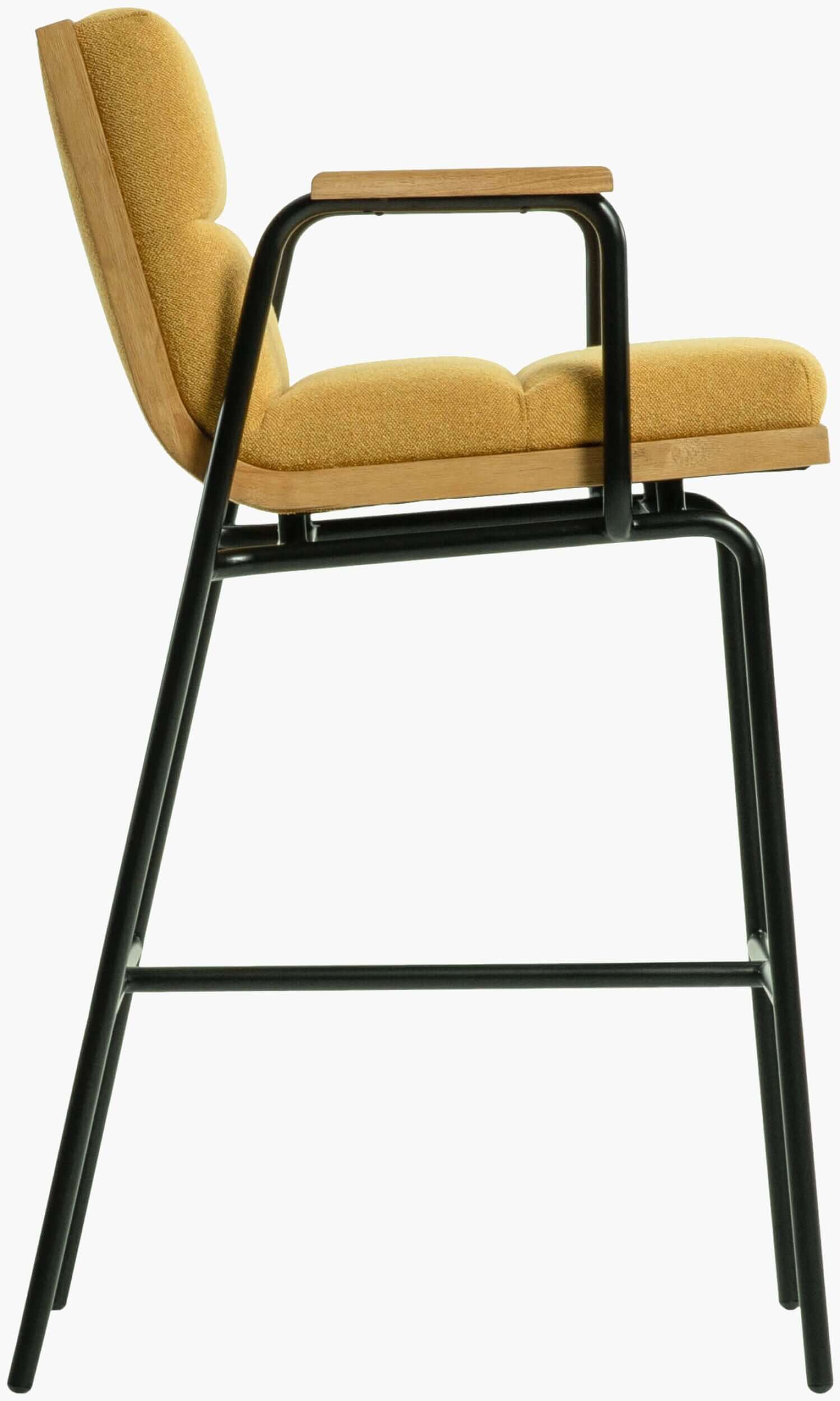 Profile view of the Thomas Bar Stool by Surya, showing the side structure, armrests, and vibrant yellow seat.