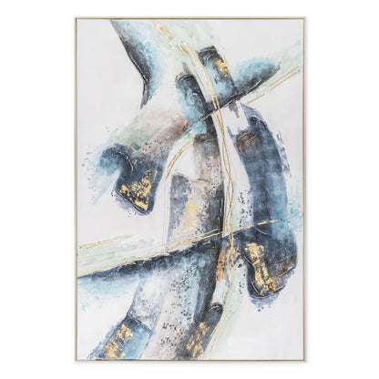 Abstract blue and green painting with gold leaf accents and a silver floater frame.