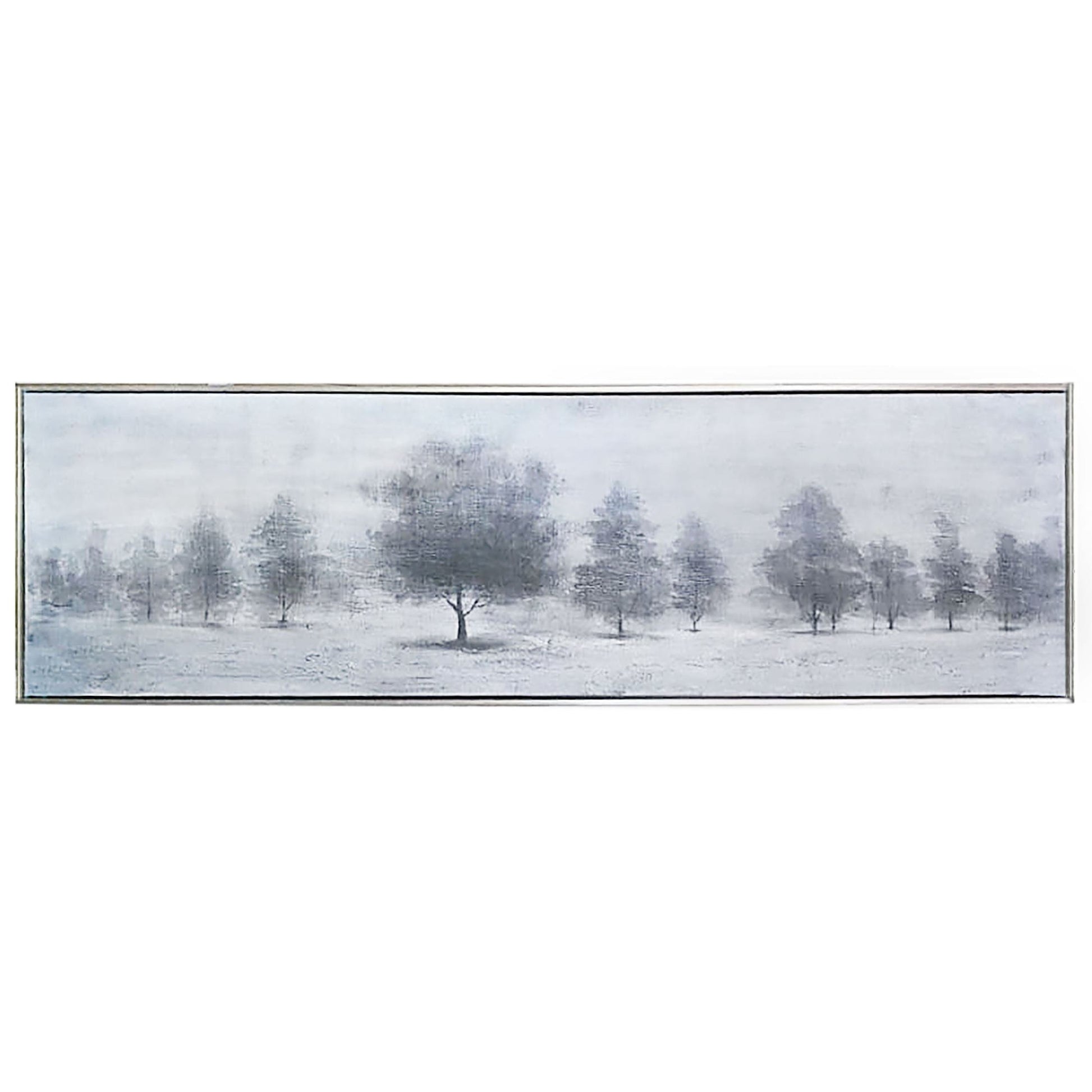 Trees at Dusk hand-painted canvas featuring a neutral gray and white palette with a silver frame.