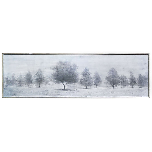 Trees at Dusk hand-painted canvas featuring a neutral gray and white palette with a silver frame.