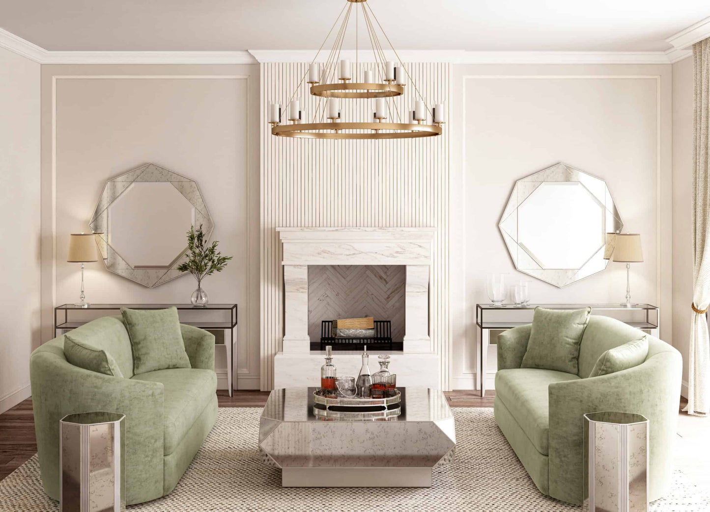 Living room with two Mezzanine Traditional Mirrors above sideboards, reflecting modern elegance