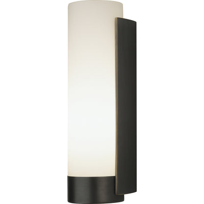 Tyrone wall sconce in deep patina bronze finish featuring a sleek white frosted glass shade.