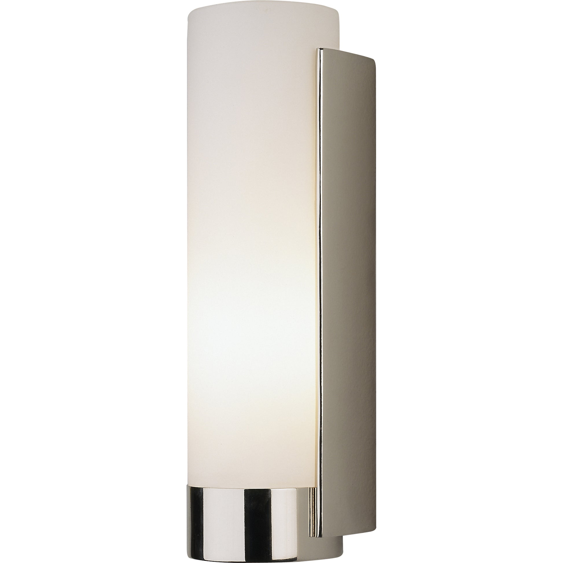 Tyrone wall sconce in polished nickel with a frosted glass shade and slim metal frame.