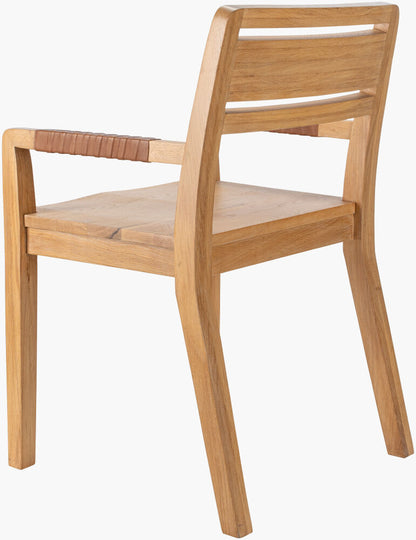 Angled rear view of modern chic oak wood dining arm chair, highlighting natural wood finish.