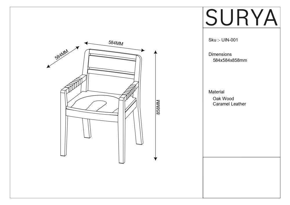 Dimensional drawing of the Uintah oak wood dining arm chair with caramel leather armrests, showcasing detailed measurements.