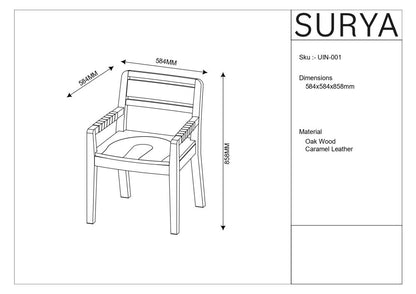 Dimensional drawing of the Uintah oak wood dining arm chair with caramel leather armrests, showcasing detailed measurements.