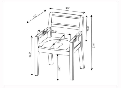 Dimensional drawing of Uintah oak wood dining chair with caramel leather accents.