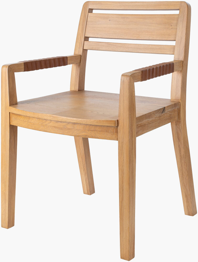 Front angled view of the Uintah oak wood dining arm chair, highlighting simple design and leather accents.