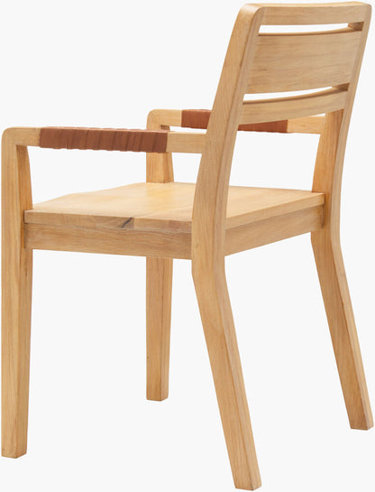 Rear angled view of the Uintah oak wood dining arm chair with leather-wrapped armrests.