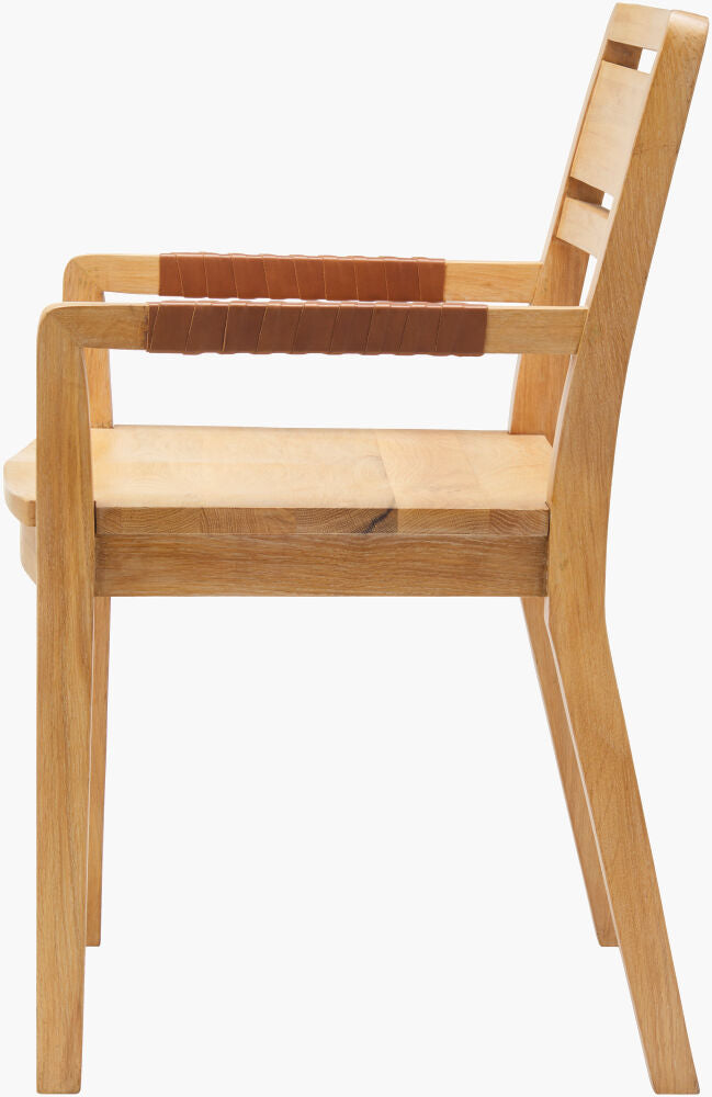 Detailed side view of the Uintah oak wood dining arm chair with minimalist modern design.