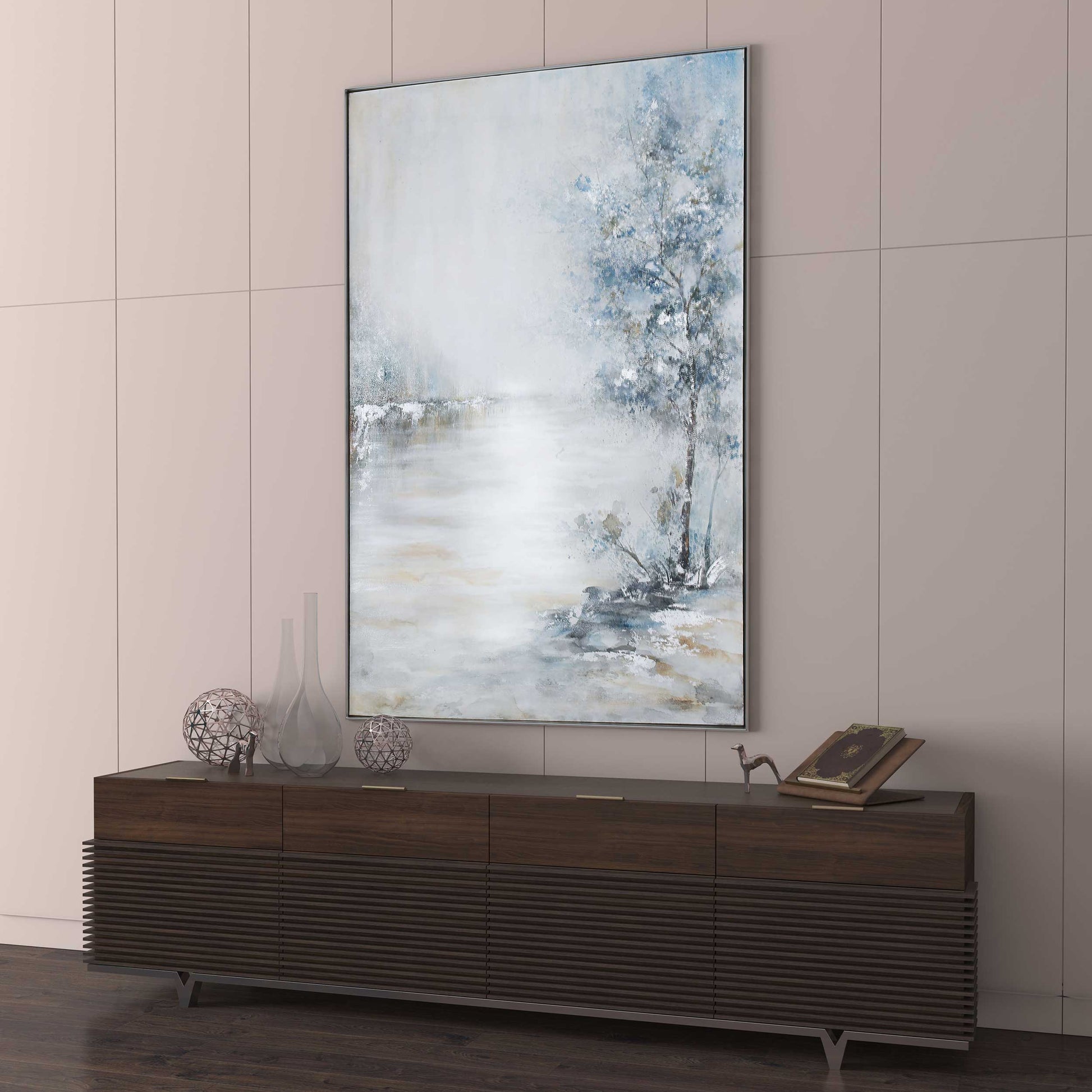 Vertical view of Blue Meadow painting with calming blue tones, styled above a wooden console.