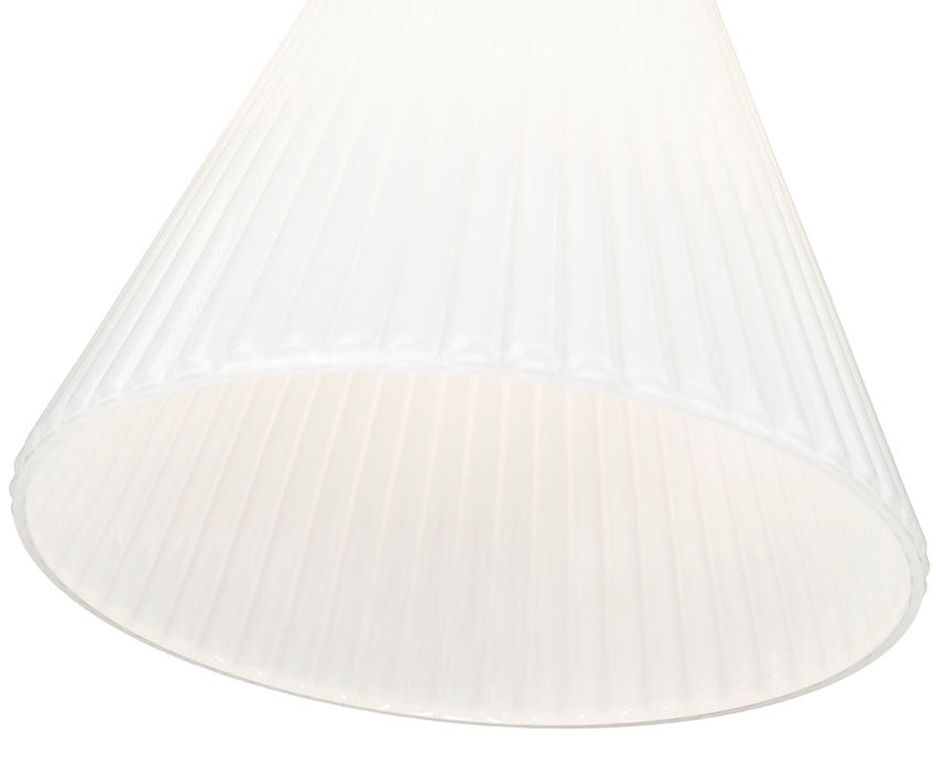 warm gold modern cone pendant close-up pleated white shade.
