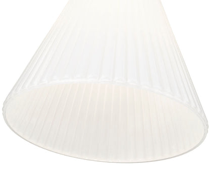 warm gold modern cone pendant close-up pleated white shade.