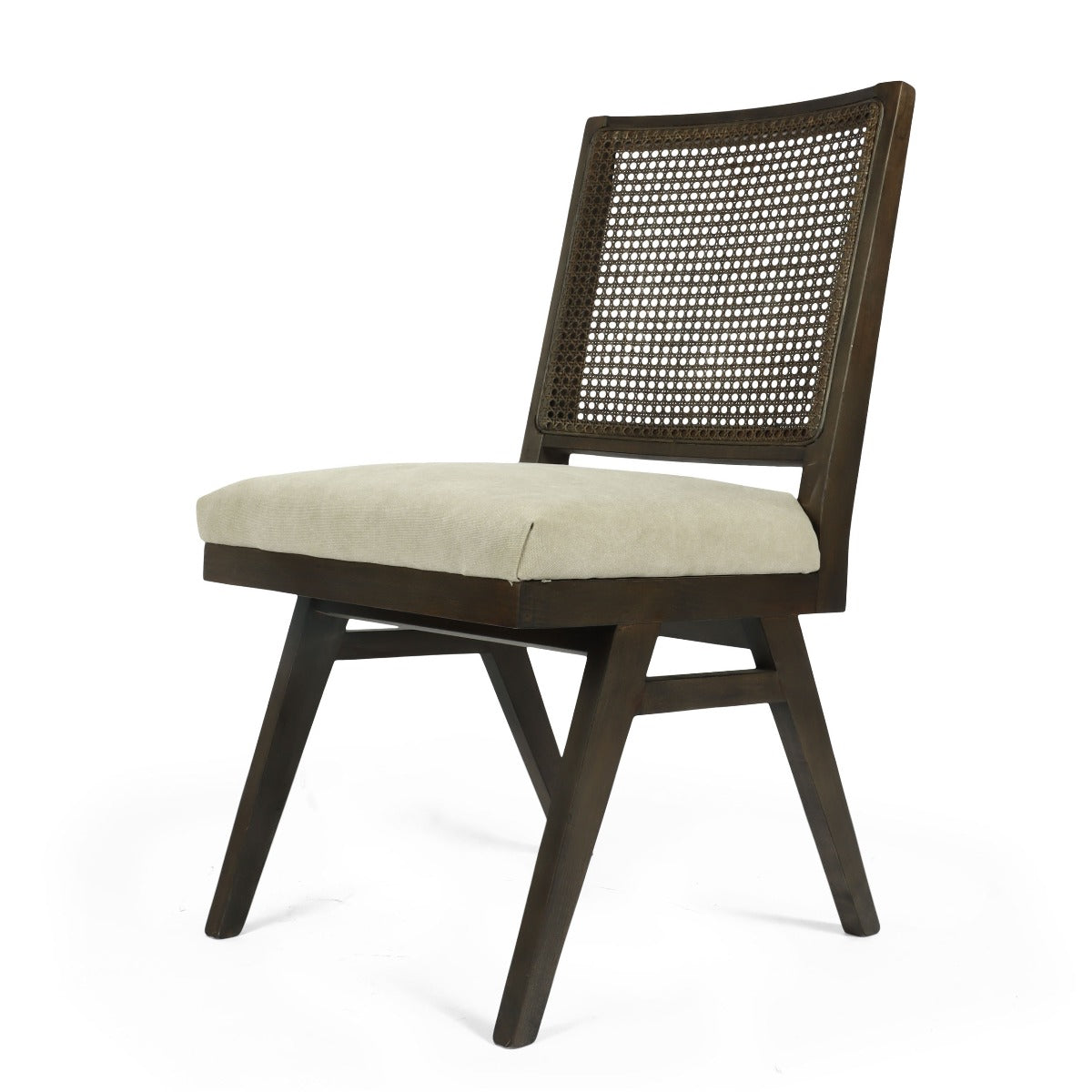 Angled view of a stylish brown dining chair with inset cane back and a soft grey cushion.