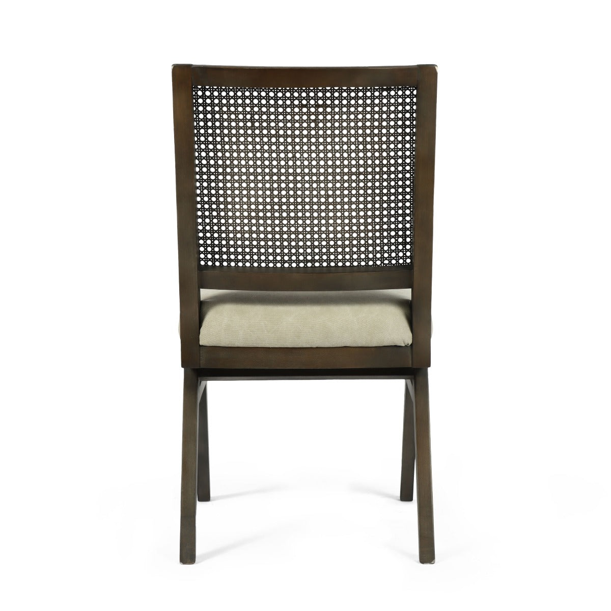 Back view of a dark brown cane back dining chair with a grey upholstered seat.