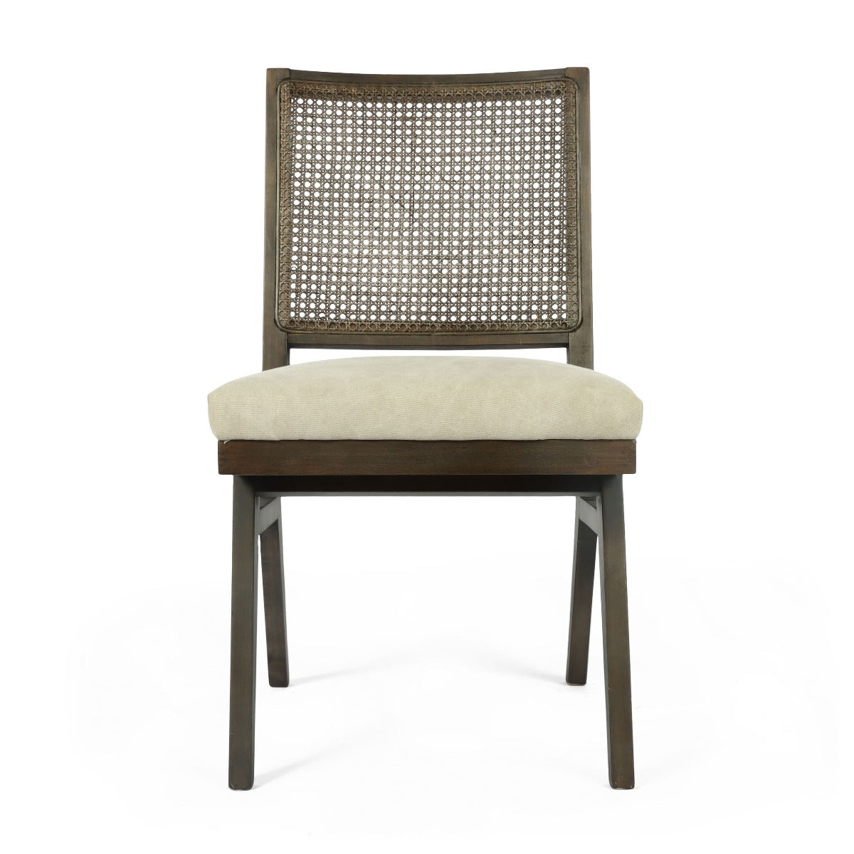 Front view of a contemporary dining chair featuring a cane back and plush upholstered seat.