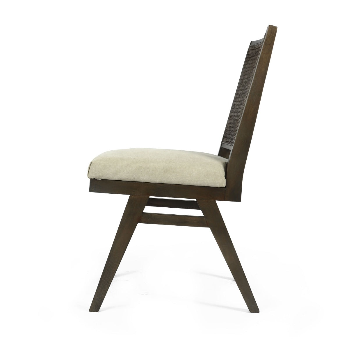 Side view of a sleek dark brown dining chair with ergonomic cane backrest and soft grey seat cushion.