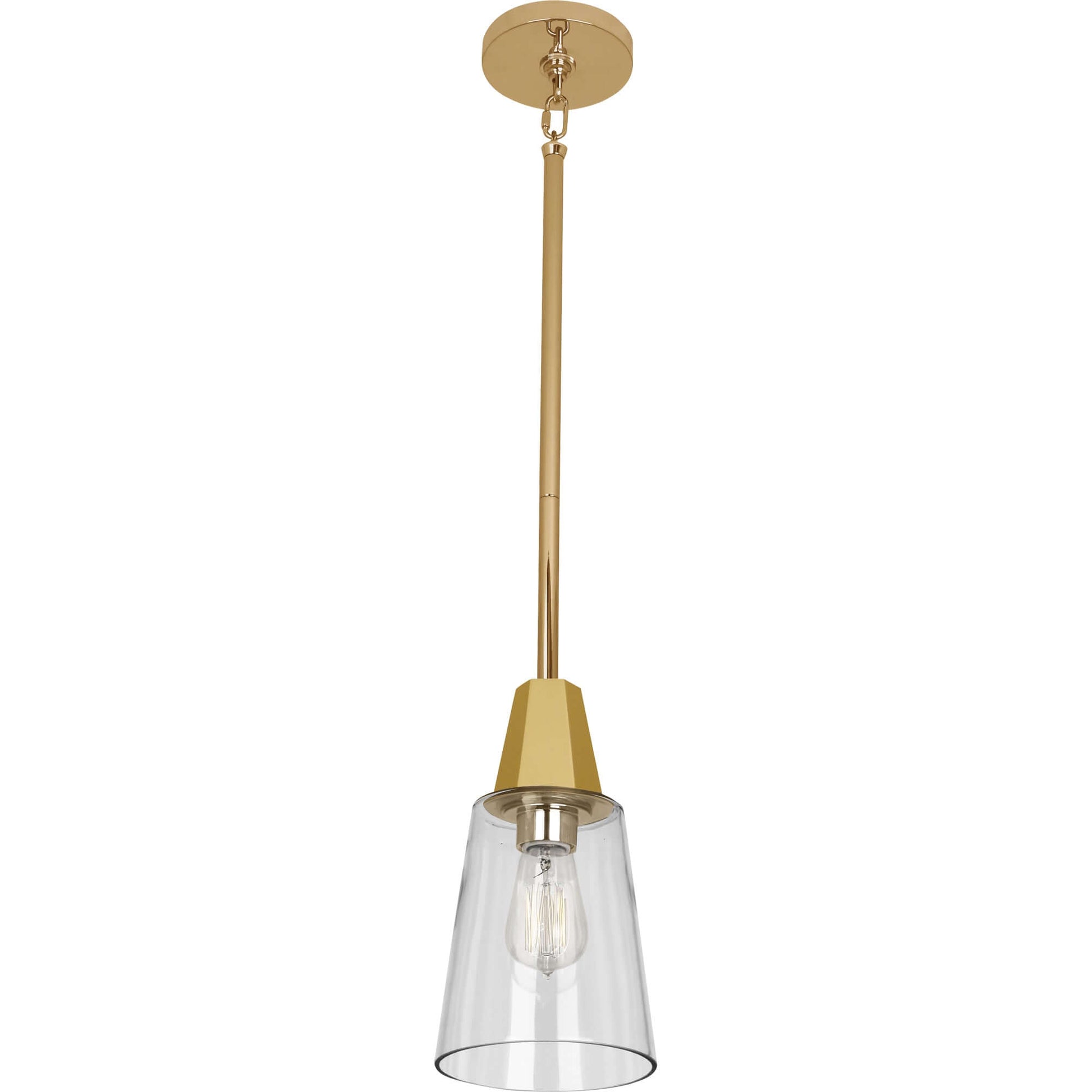 Modern Brass pendant light with clear glass shade, Edison bulb visible.