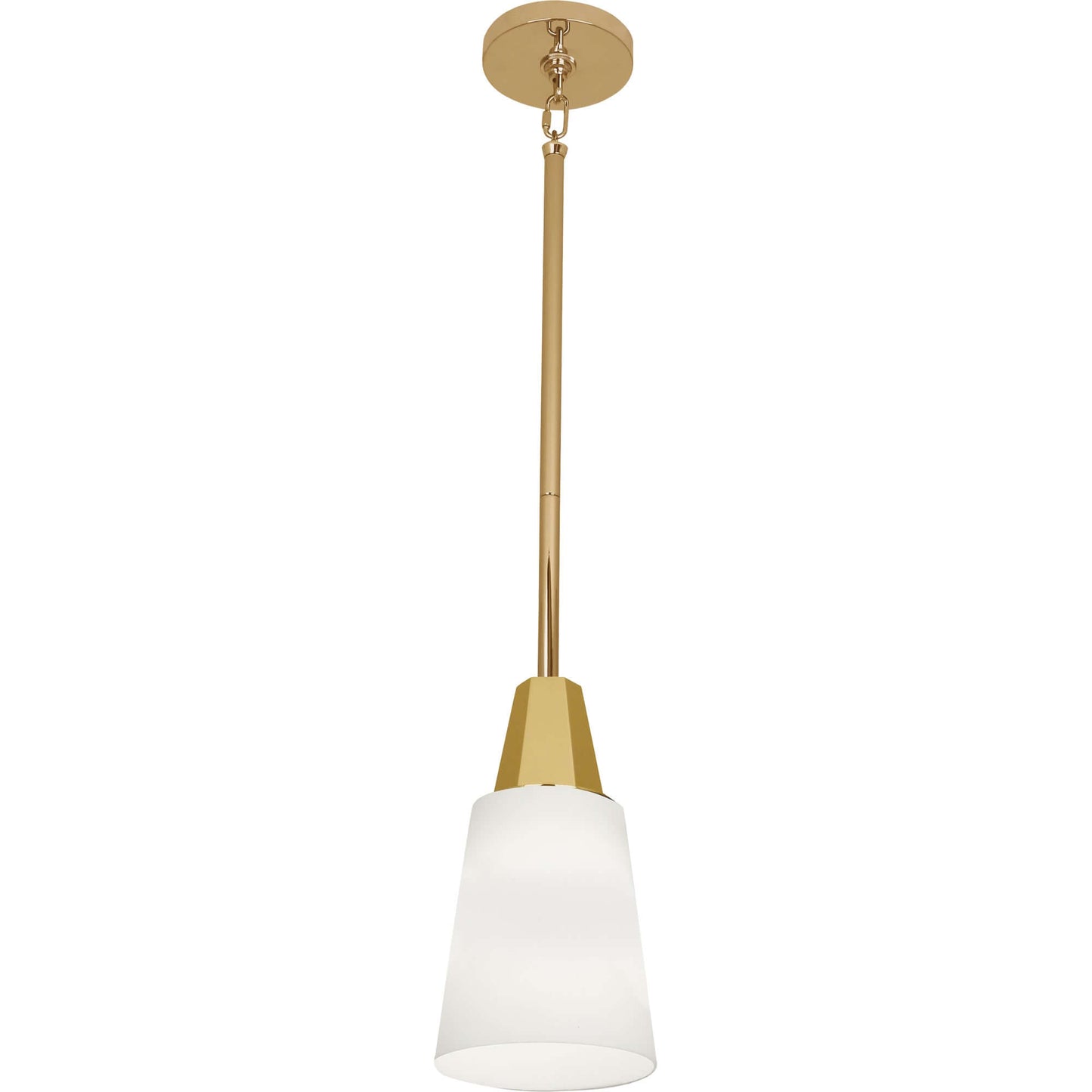 Modern brass pendant light with frosted white glass shade and adjustable suspension rod.