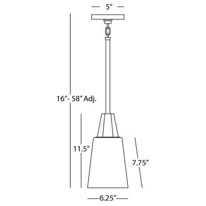 Line drawing of Wheatley Pendant Light with dimensions: adjustable drop, 11.5" height, 6.25" width.