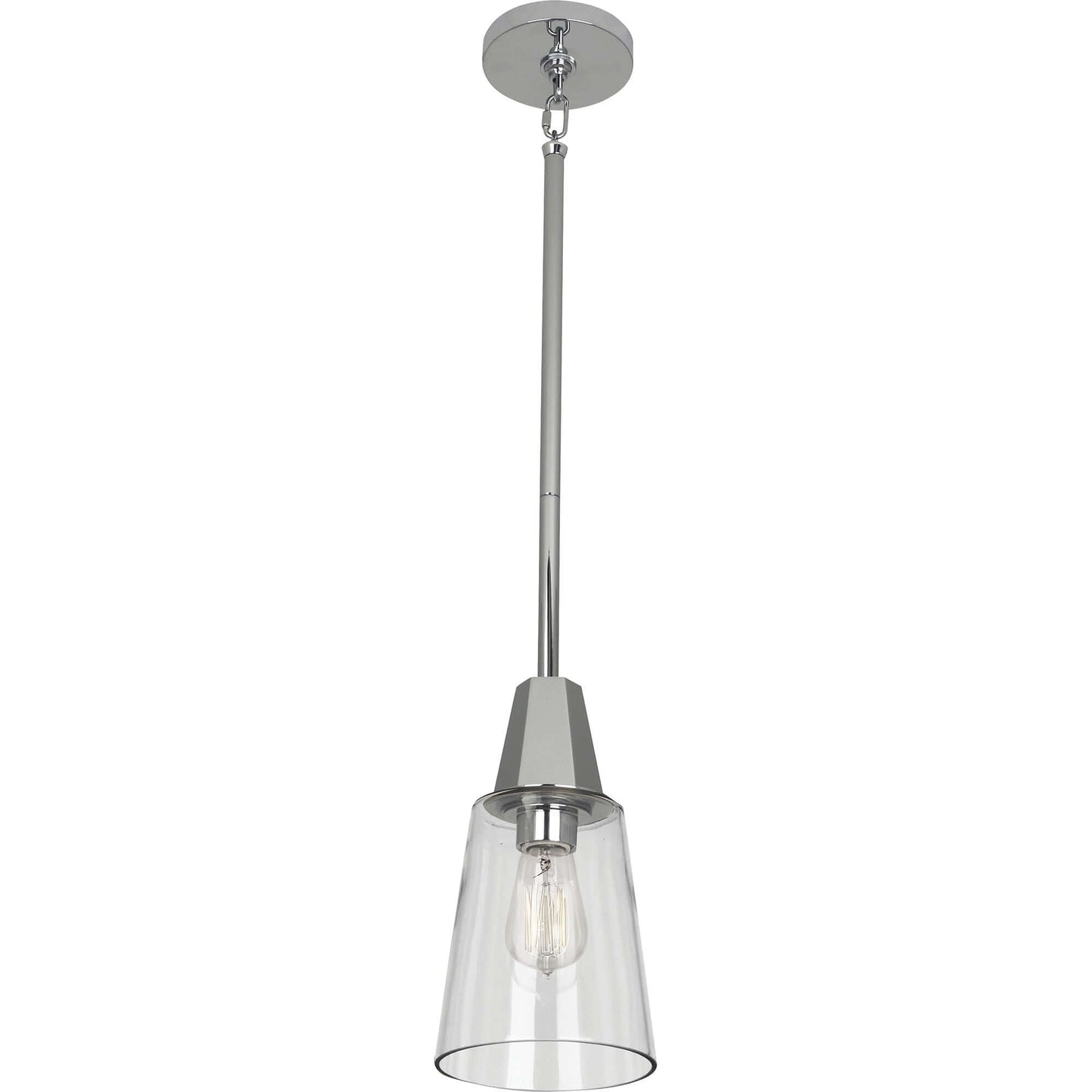 Polished Chrome pendant light with clear glass shade, Edison bulb visible.